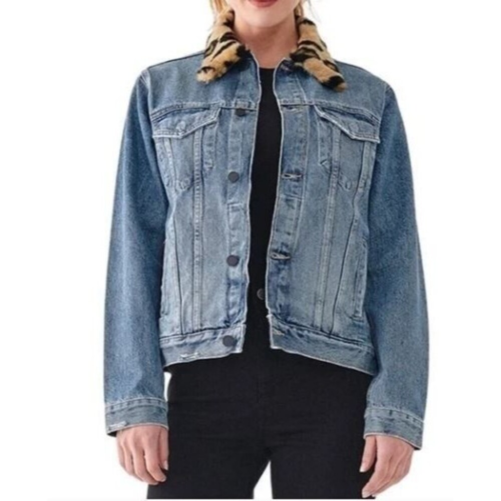 DL 1961 Clyde Classic Trucker Jean Jacket NWT Leopard Fur Collar Retail $249 S